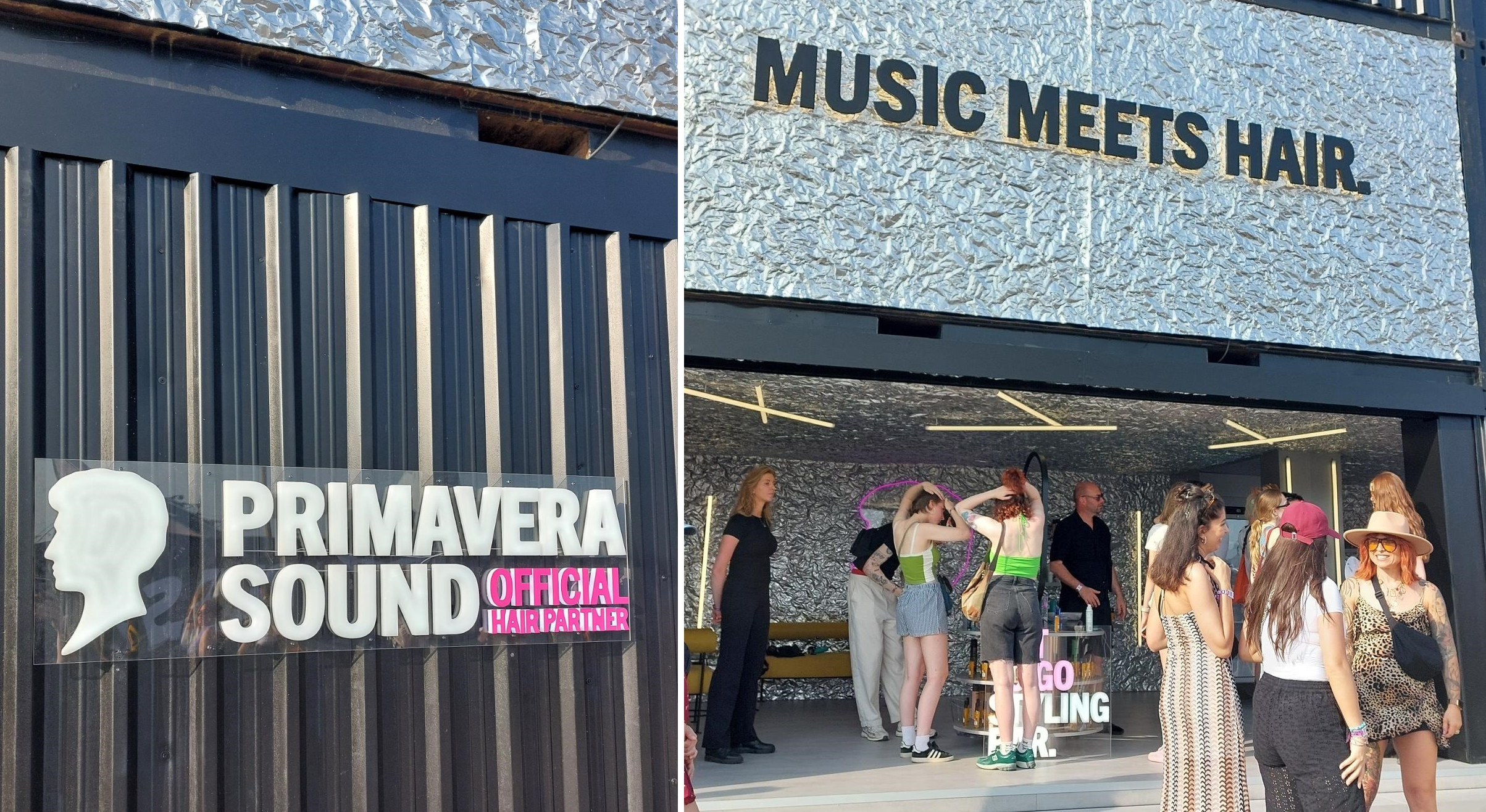 left: A wall with a logo that says, “Schwarzkopf Official Hair Partner”. - right: A Schwarzkopf salon pop-up with people entering and leaving.