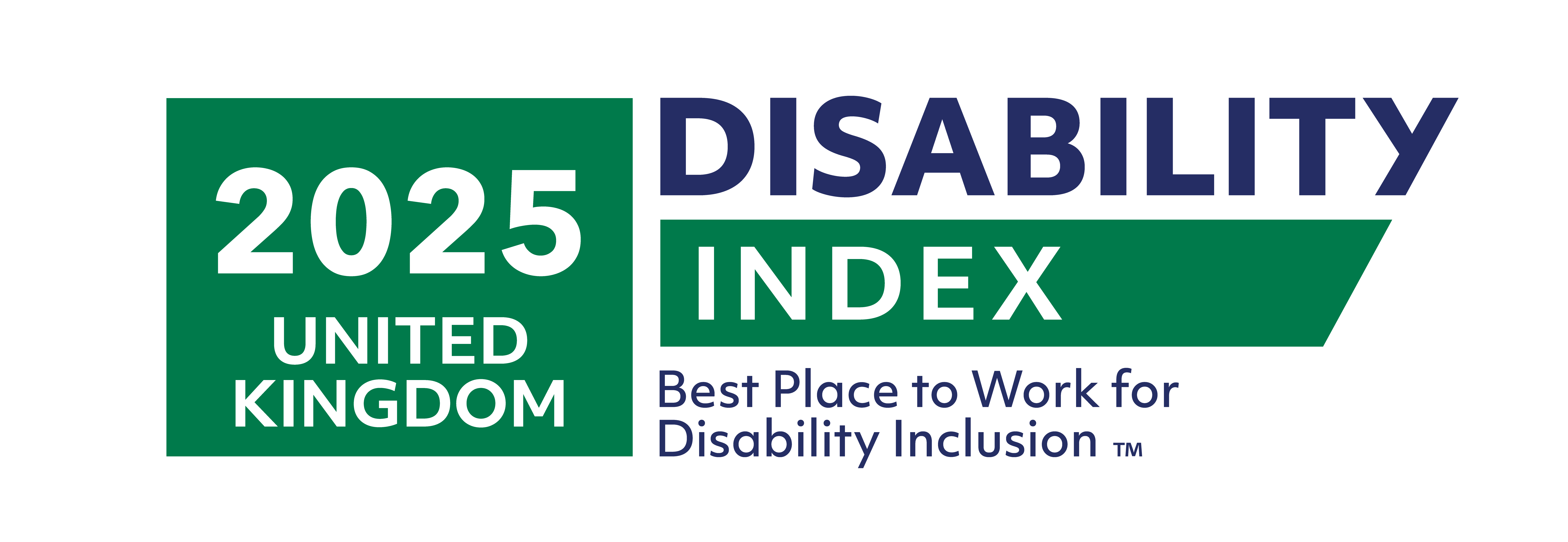 A green logo which reads ‘2025 United Kingdom’, ‘Best Place to Work for Disability Inclusion’, and ‘Disability Index’.