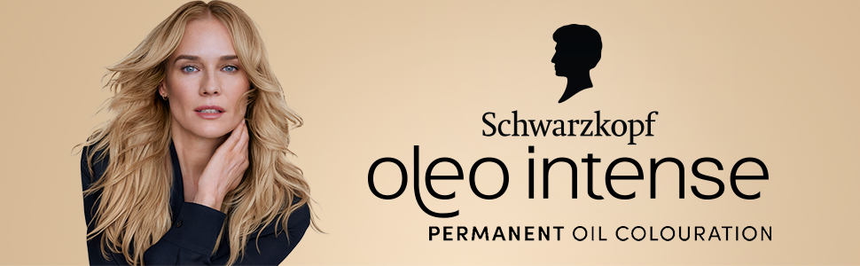 A celebrity with blonde hair poses next to Schwarzkopf Oleo Intense logo with subtitle that reads ‘Permanent Oil Colouration’