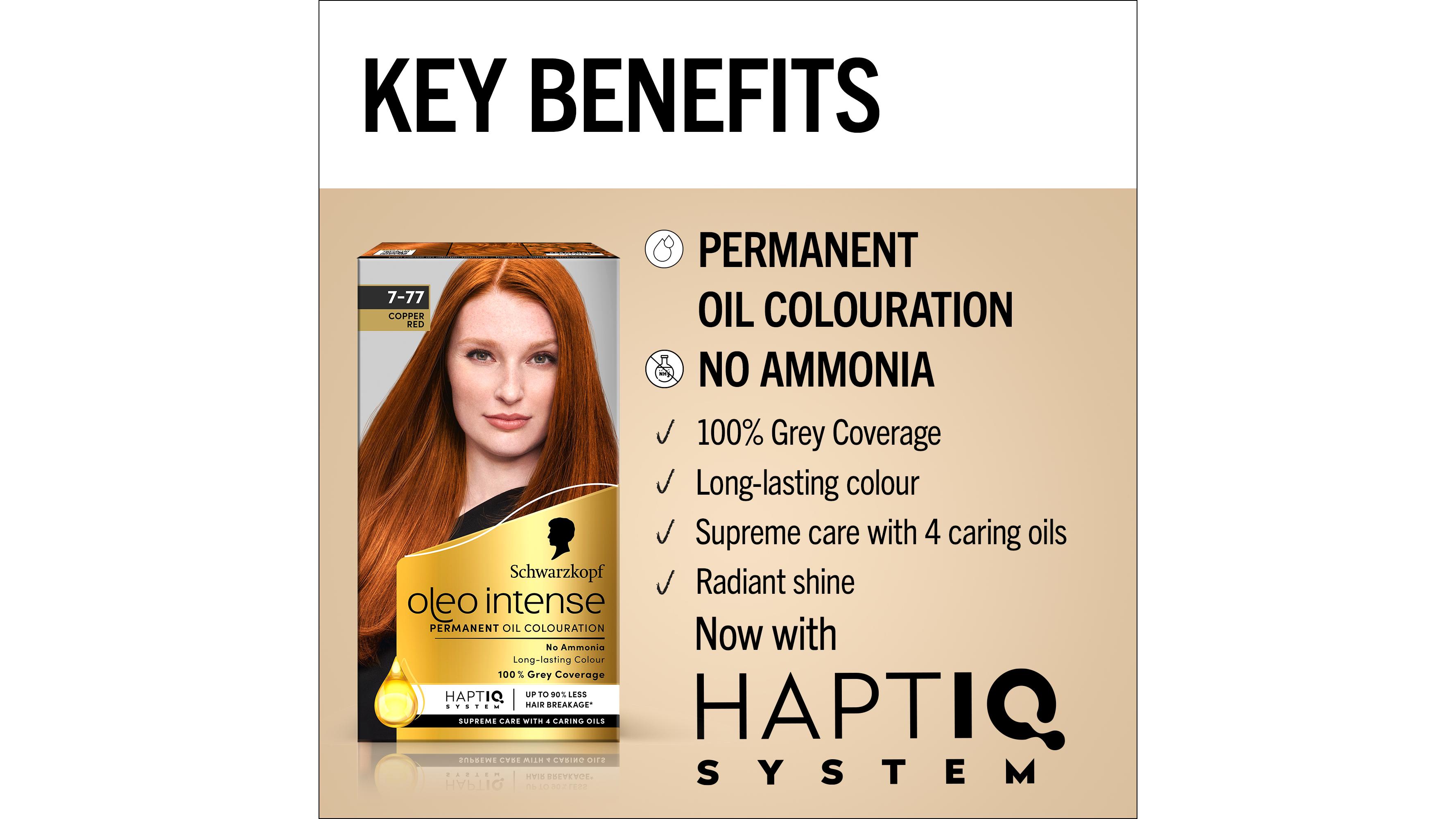 A Schwarzkopf Oleo Intense product next to a list of the product’s benefits