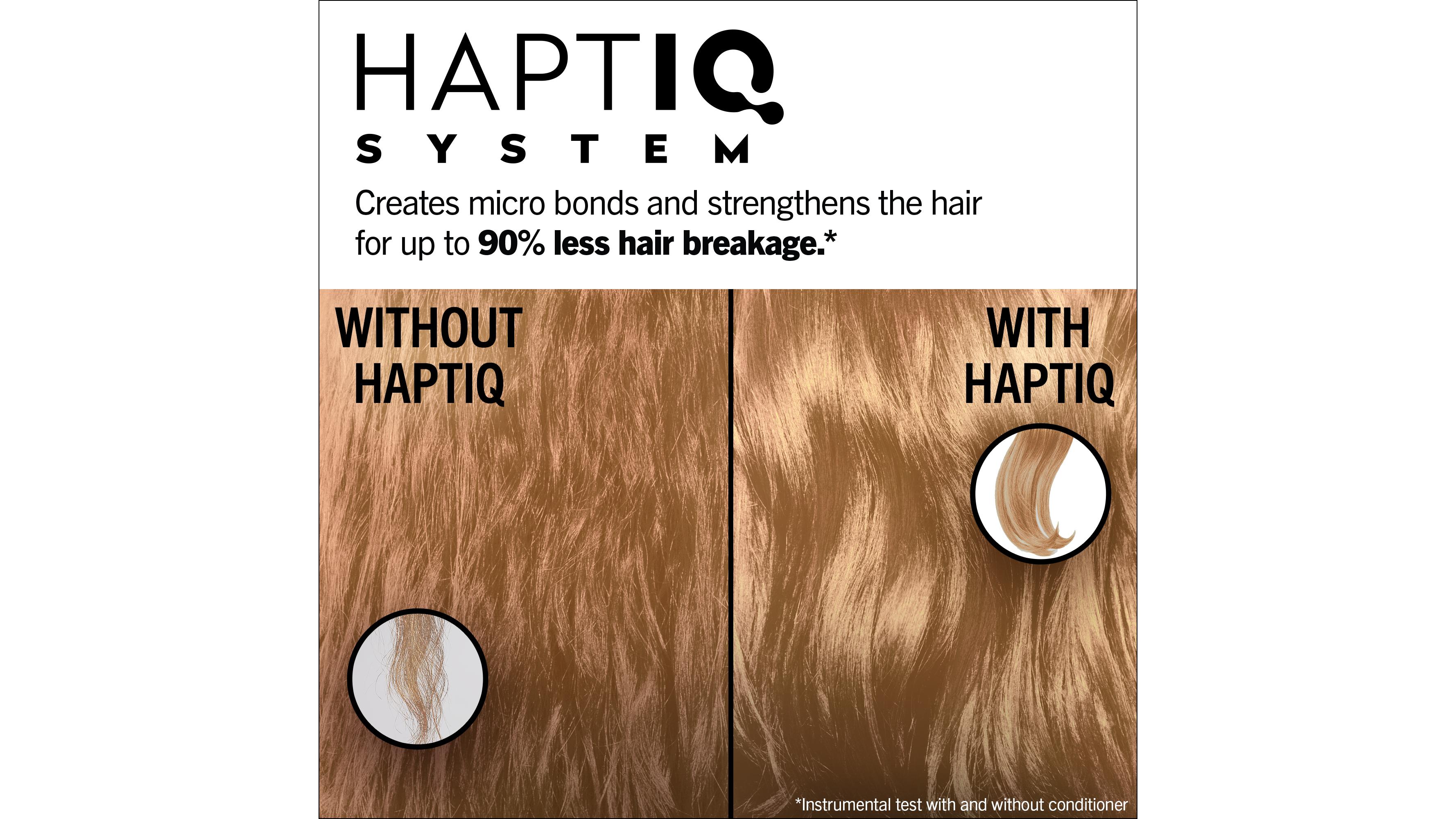 A comparison between before and after hair with HaptiQ technology as well as information about breakage
