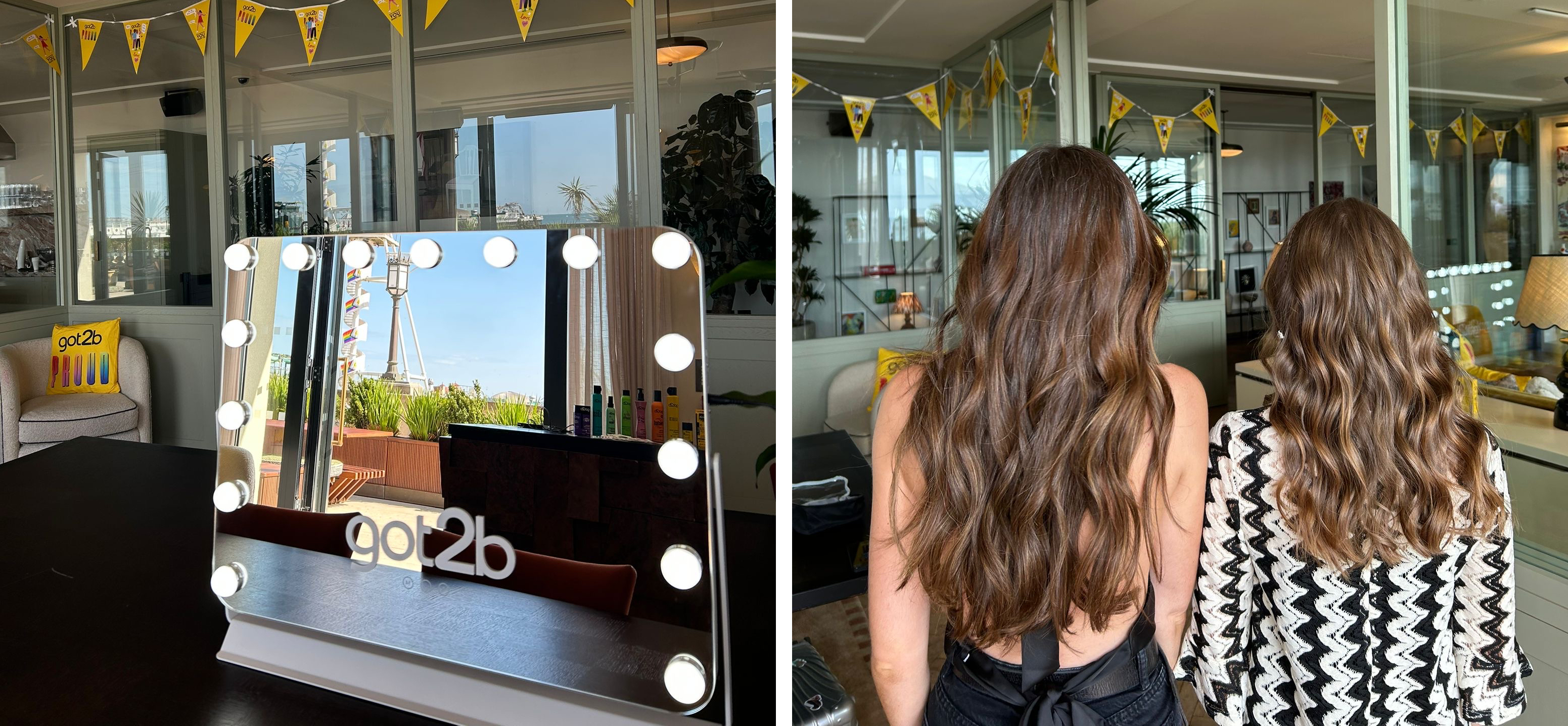 left image: A mirror with lights and got2b branding in a styling suite; right image: Two people pose with their backs to the camera and hair styled in a styling suite