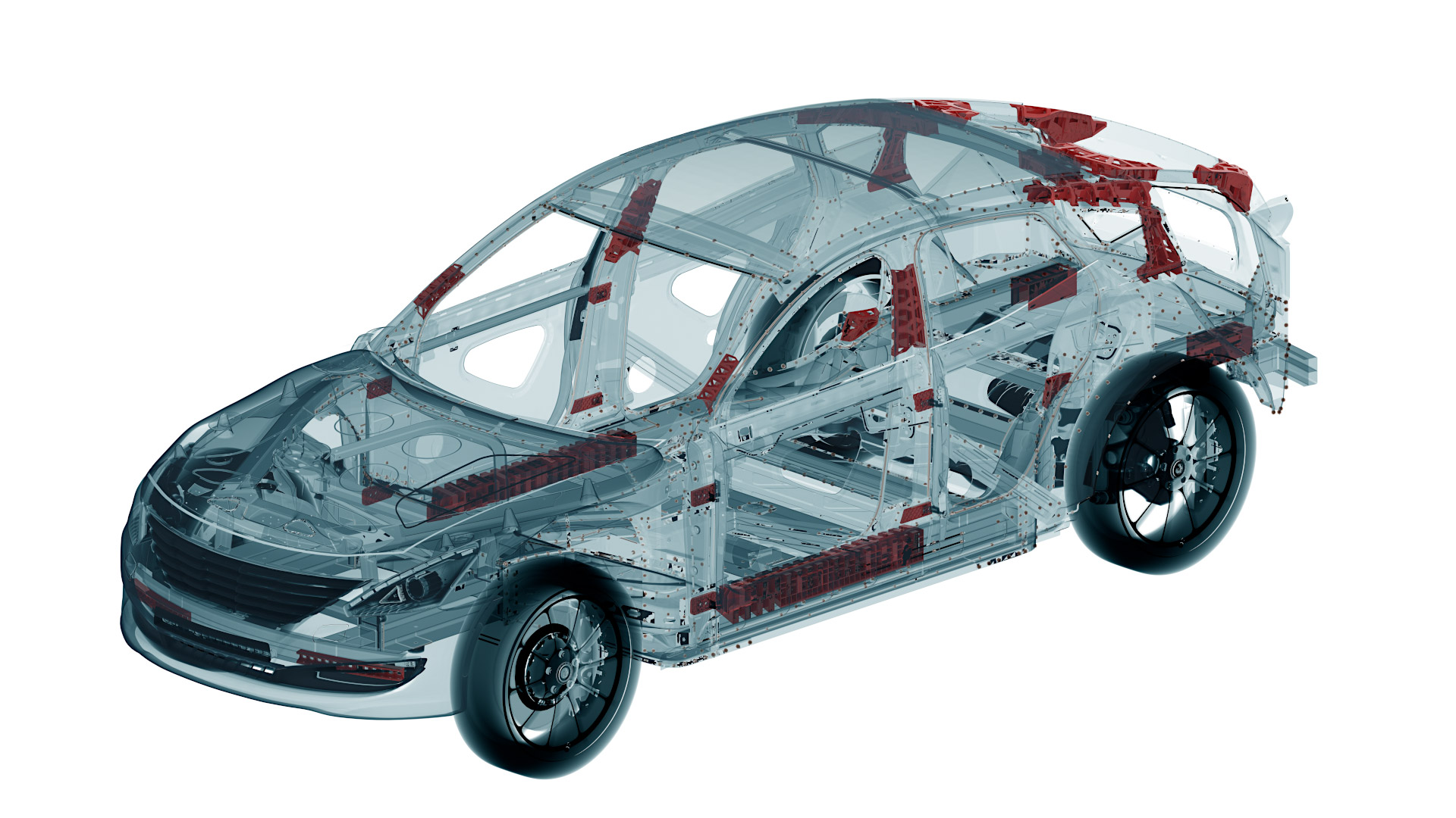 Image of a car with parts highlighted in red indicating lightweighting potential