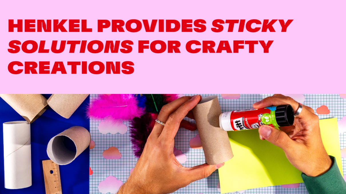 Banner with person utilising Pritt glue stick and the title “Henkel Provides Sticky Solutions for Crafty Creations”