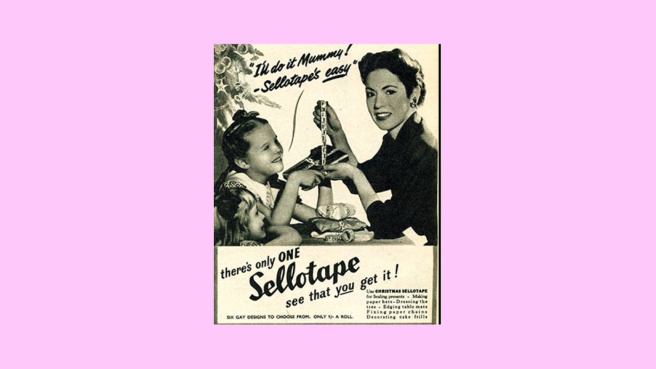 Old advertisement for Sellotape for gift wrapping