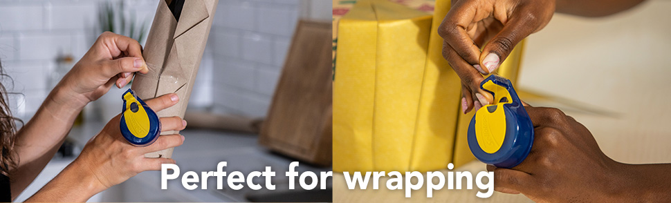 A person utilising Sellotape to wrap gifts with tagline “Perfect for wrapping”
