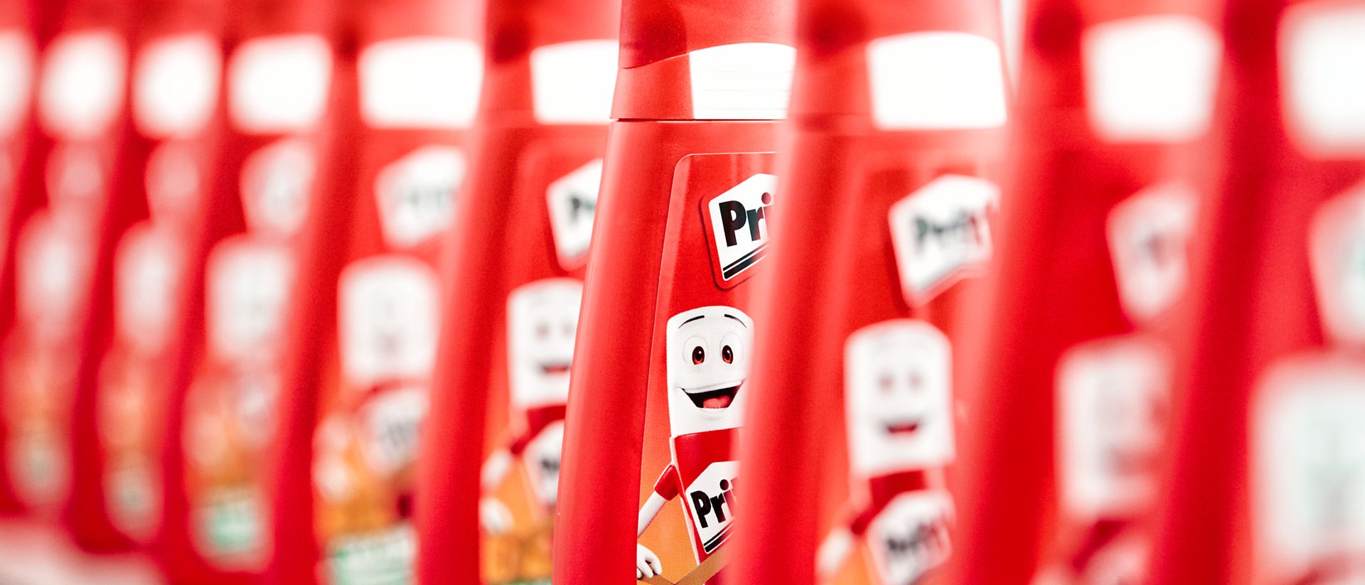 Pritt bottles on a production line
