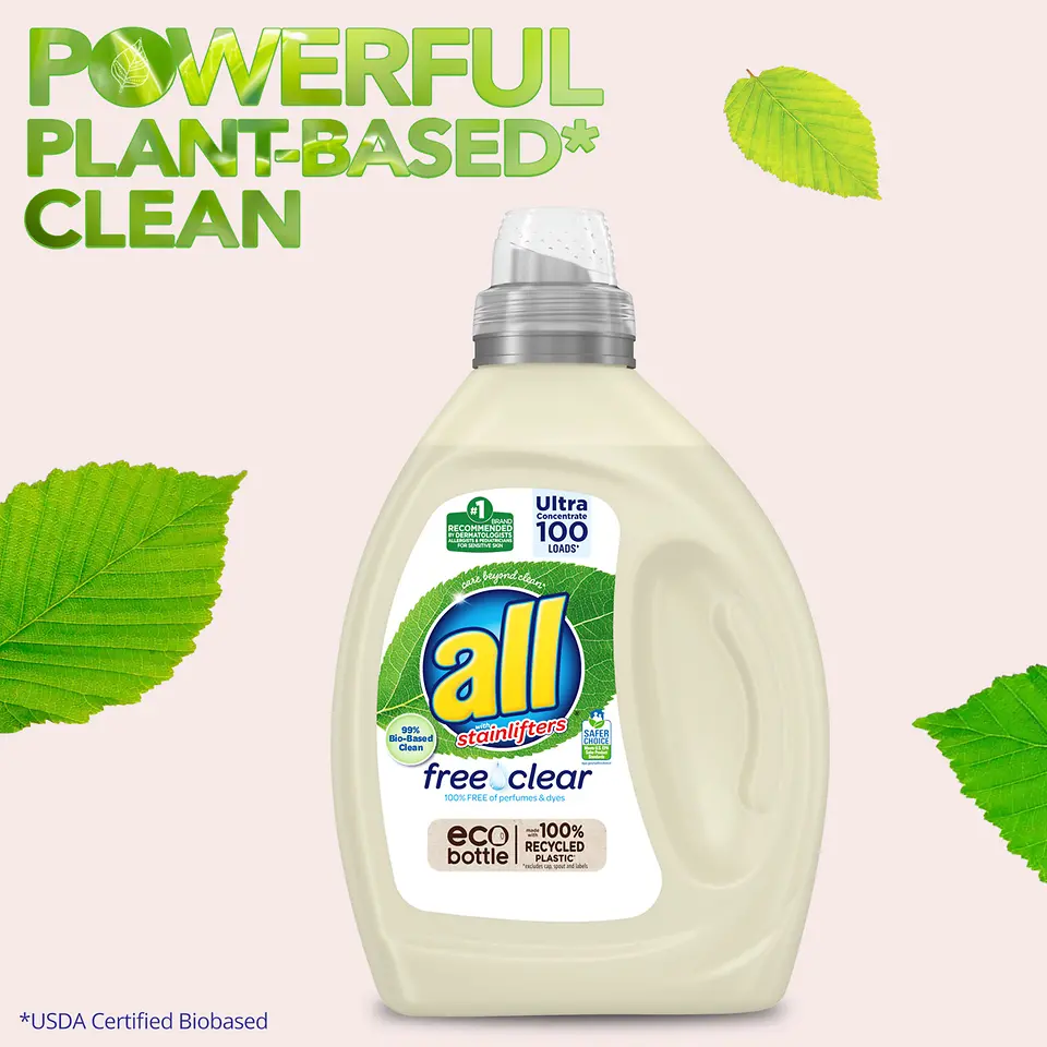 picture of ‘all free clear bottle with leaves behind it