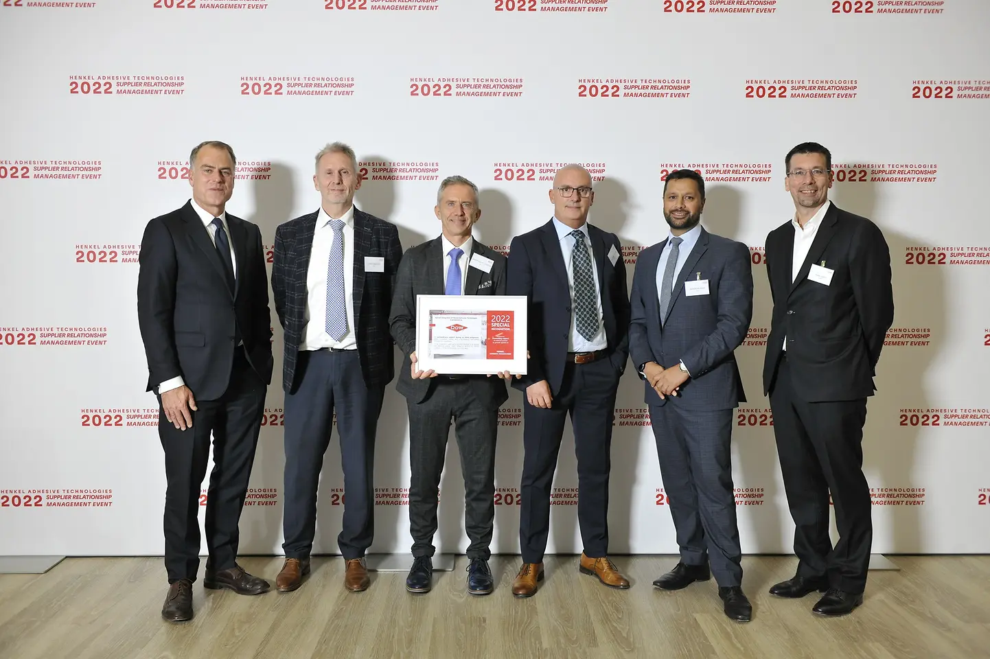 
Special Recognition for Dow (from left to right): Jan-Dirk Auris, Executive Vice President Adhesive Technologies, Chris Mertens, Global Key Customer Manager at Dow, Jean Paul Hautekeer, Global Marketing Director Building and Infrastructure at Dow, Massimo Rebolini, Global Commercial Vice President at Dow, Imran Munshi, Global Market Segment Leader at Dow and Mark Dorn, Corporate Senior Vice President Craftsmen, Construction and Professional at Adhesive Technologies