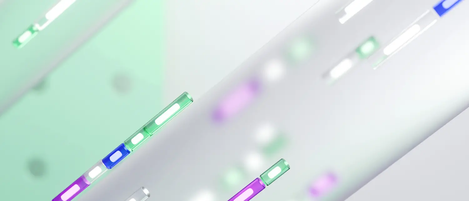 A CGI image of different technical elements in shades of green, gray, and purple, symbolizing a digital data stream.