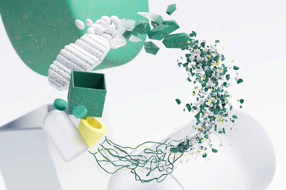A CGI image of different elements symbolizing a circular economy.