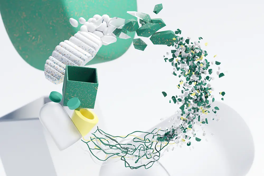 A CGI image of different elements symbolizing a circular economy.