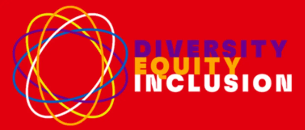 A multi-coloured logo on a red background that reads ‘Diversity, Equity, and Inclusion’ with three intersecting circles.