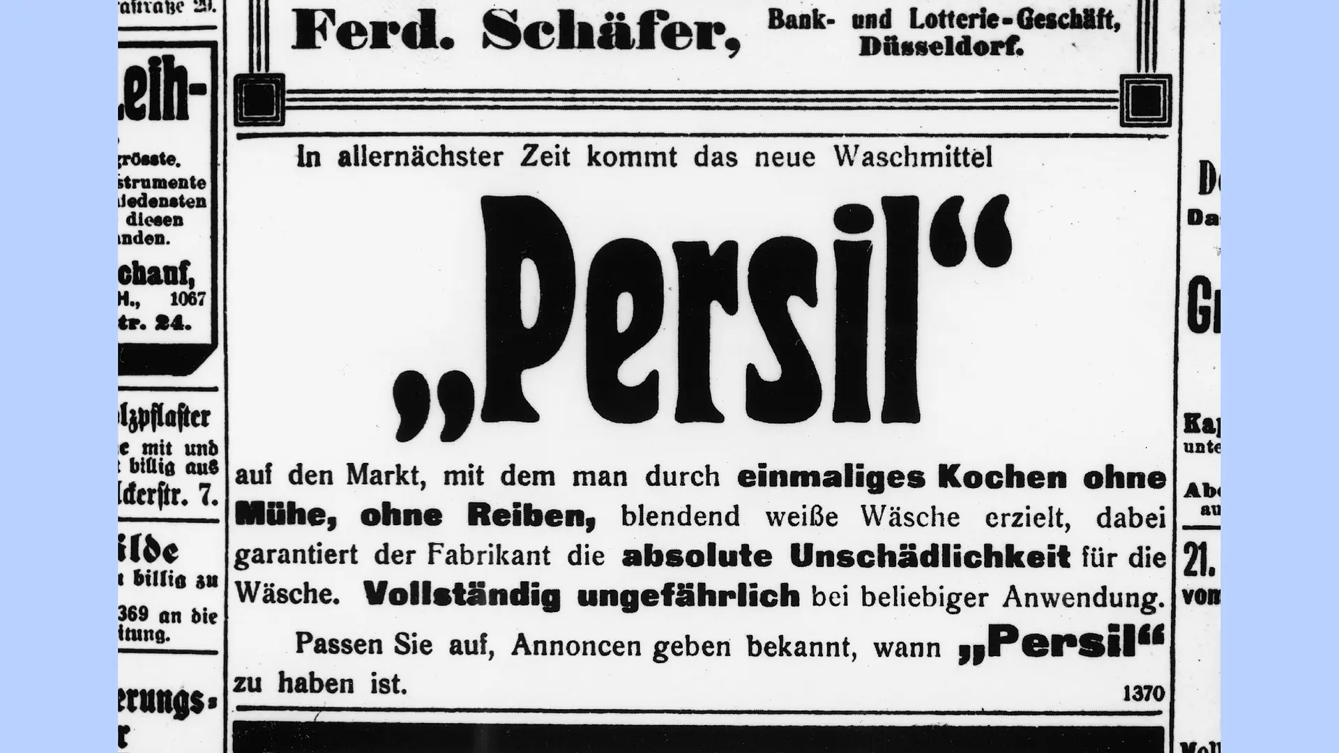 Advertisement for Persil in a newspaper announcing the detergent for the “very near future.”