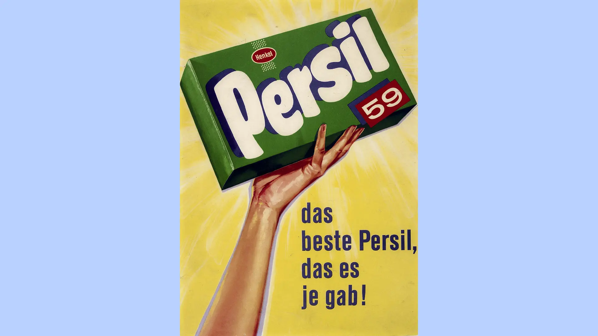 A green advertising poster showing a package of Persil 59 detergent.
