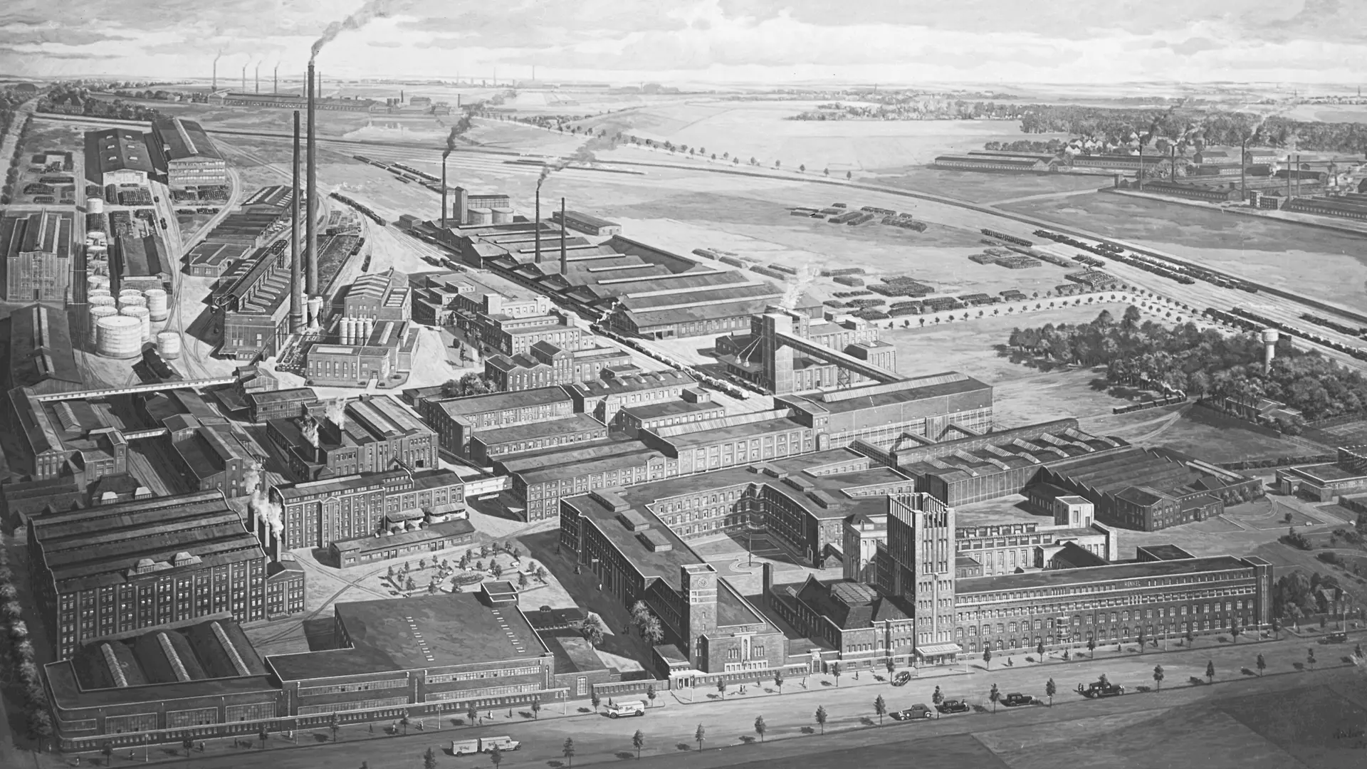 Vue extérieure dessinée du site Henkel à Düsseldorf-Holthausen.