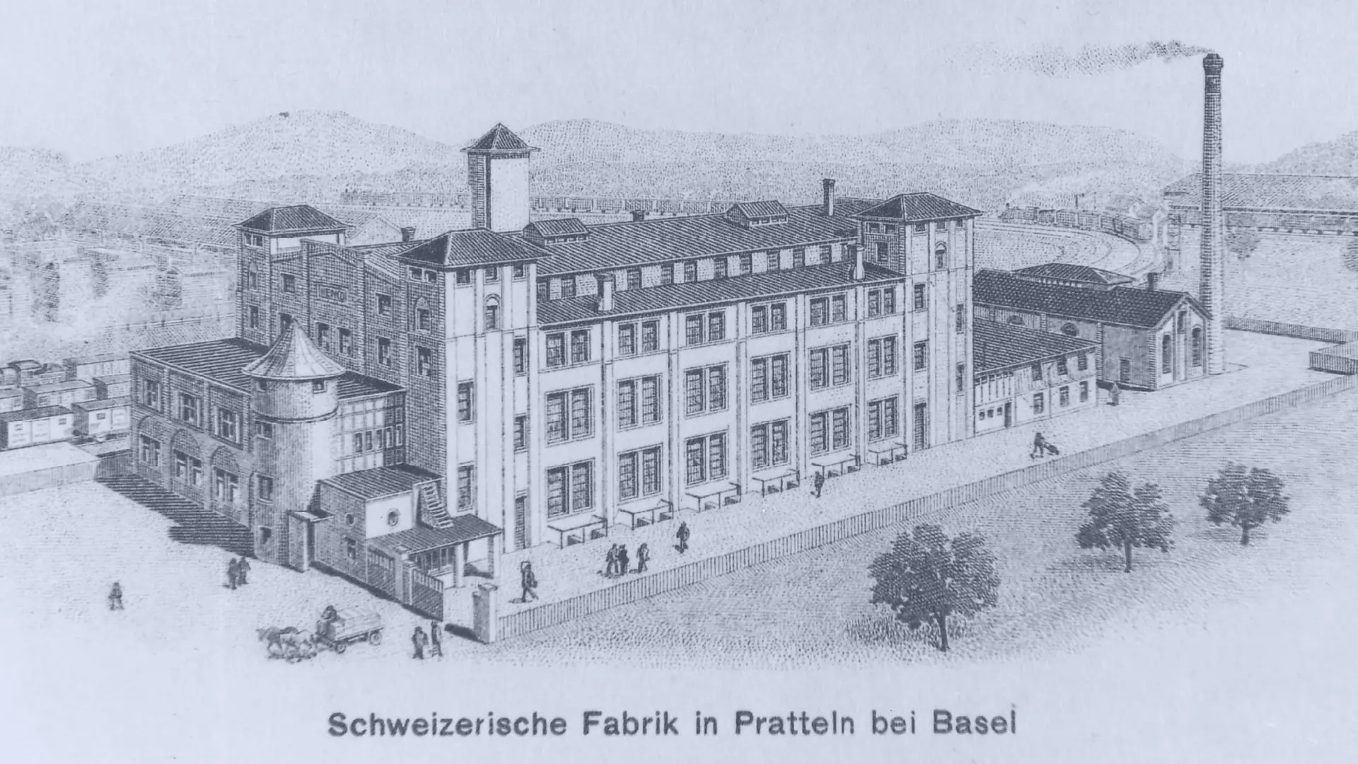 Vue extérieure dessinée de l’usine Henkel à Pratteln.