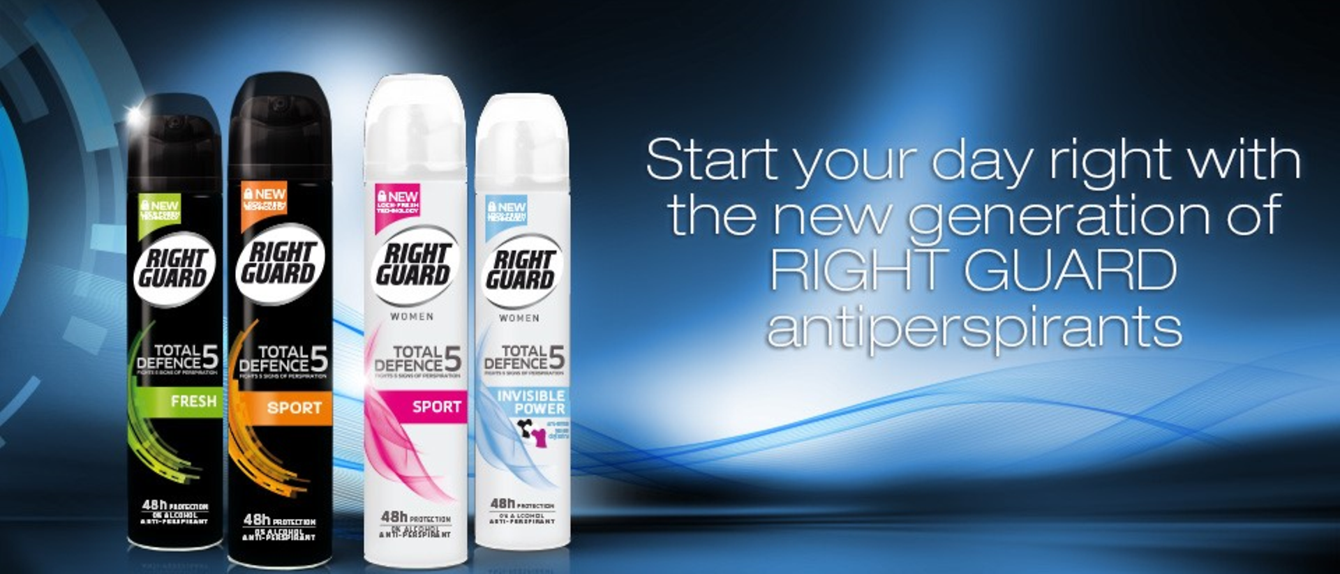 

The Total Defence 5 line of Right Guard antiperspirant deodorants has been developed to fight the 5 signs of perspiration: odor, wetness, stickiness, bacteria and stains.