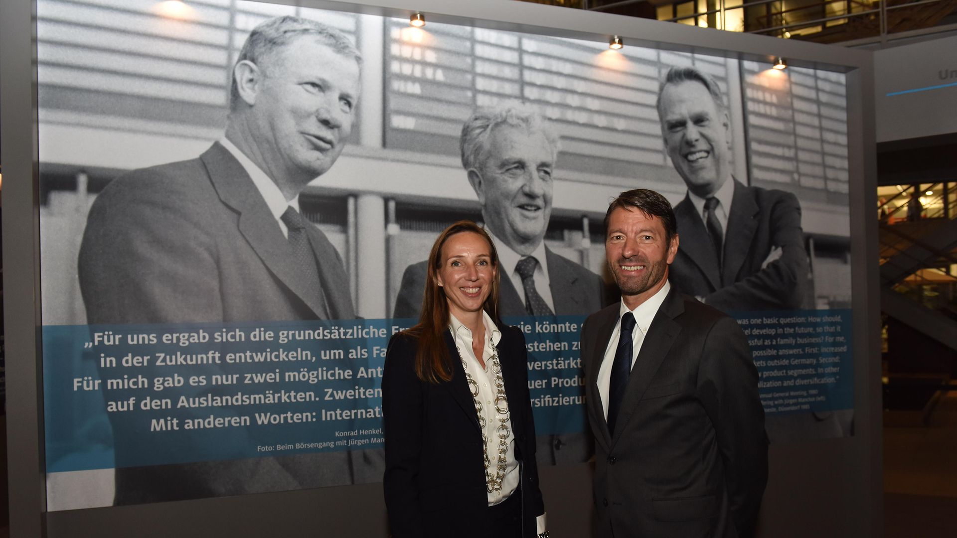 Dr. Konrad Henkel, grandson of the company's founder Fritz Henkel, was born 100 years ago on October 25. At the exhibition opening: Dr. Simone Bagel-Trah, Chairwoman of the Shareholders’ Committee and the Supervisory Board, and Henkel CEO Kasper Rorsted.