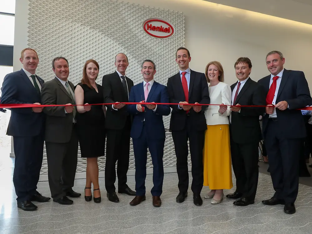 From left to right: Michael Lohan, IDA; Matthew Holloway, Henkel; Deirdre Ledwith, Henkel; Michael Todd, Henkel; Damien English, Government Minister; Philipp Loosen, Henkel; Michelle Yewlett, IDA; Jerry Perkins, Henkel; Peter Quinn, Henkel