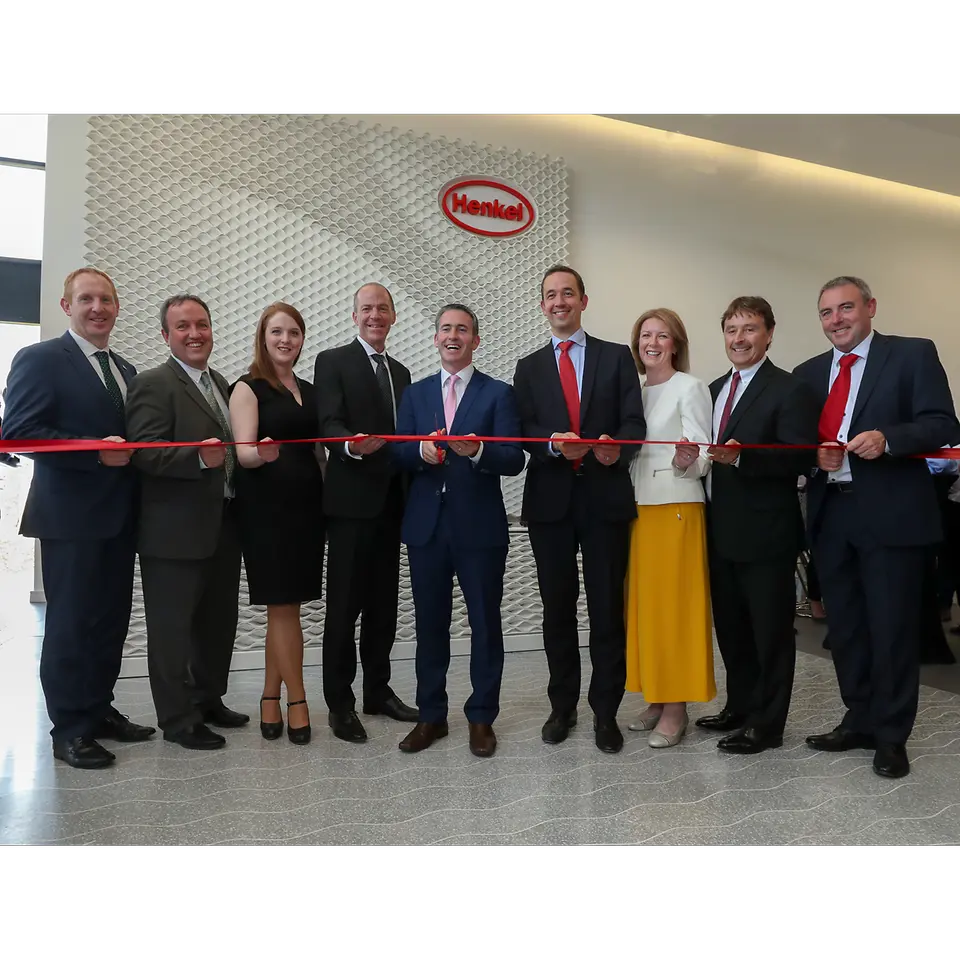 From left to right: Michael Lohan, IDA; Matthew Holloway, Henkel; Deirdre Ledwith, Henkel; Michael Todd, Henkel; Damien English, Government Minister; Philipp Loosen, Henkel; Michelle Yewlett, IDA; Jerry Perkins, Henkel; Peter Quinn, Henkel