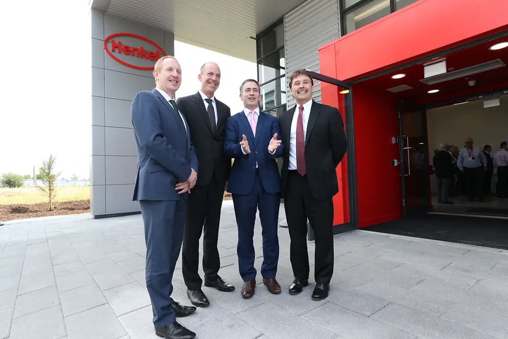 From left to right: Michael Lohan, IDA; Michael Todd, Henkel; Damien English, Government Minster; Jerry Perkins, Henkel