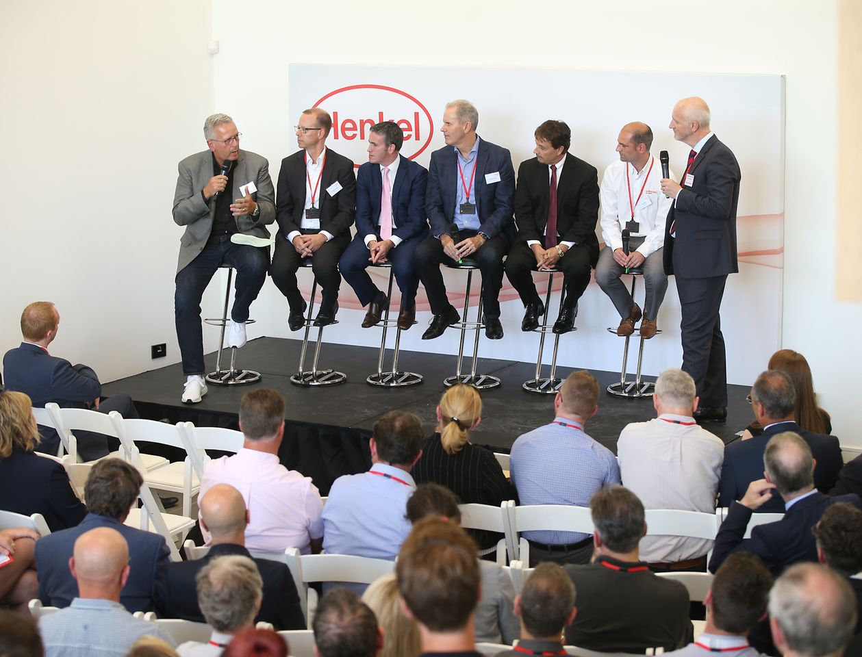 From left to right: Joe DiSimone of Carbon; Kersten Heuser of Siemens; Government Minister Damien English; Stephen Nigro of HP; Jerry Perkins of Henkel; Chay Allen of Renishaw; and host Ged McGurk of Henkel