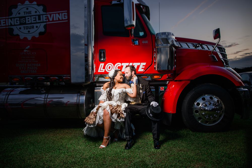 Rick Stowers and Ashley Conner with the Loctite “Seeing Is Believing” trailer at the wedding ceremony