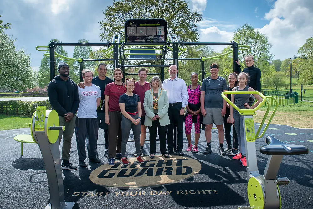 A group of people posing in Hemel Hempstead’s Right Guard AEROCYCLE gym in Gadebridge Park