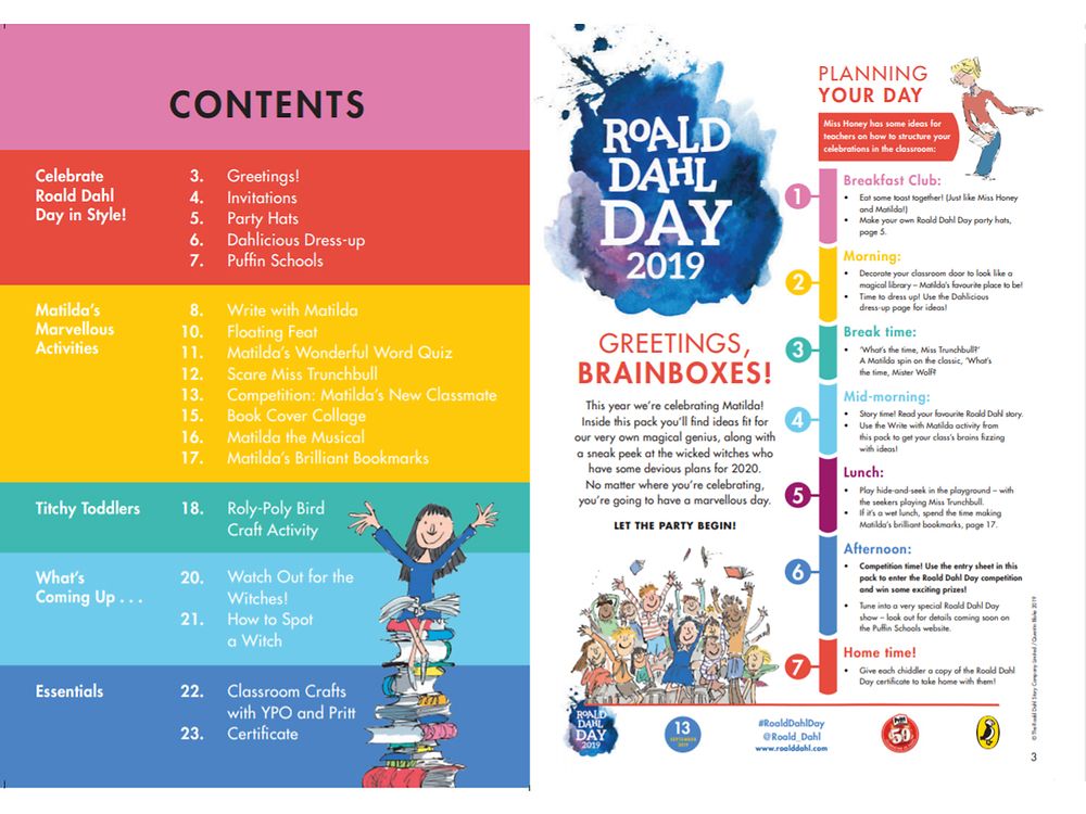 Roald Dahl Day 2019 Party Pack table of contents and day plan