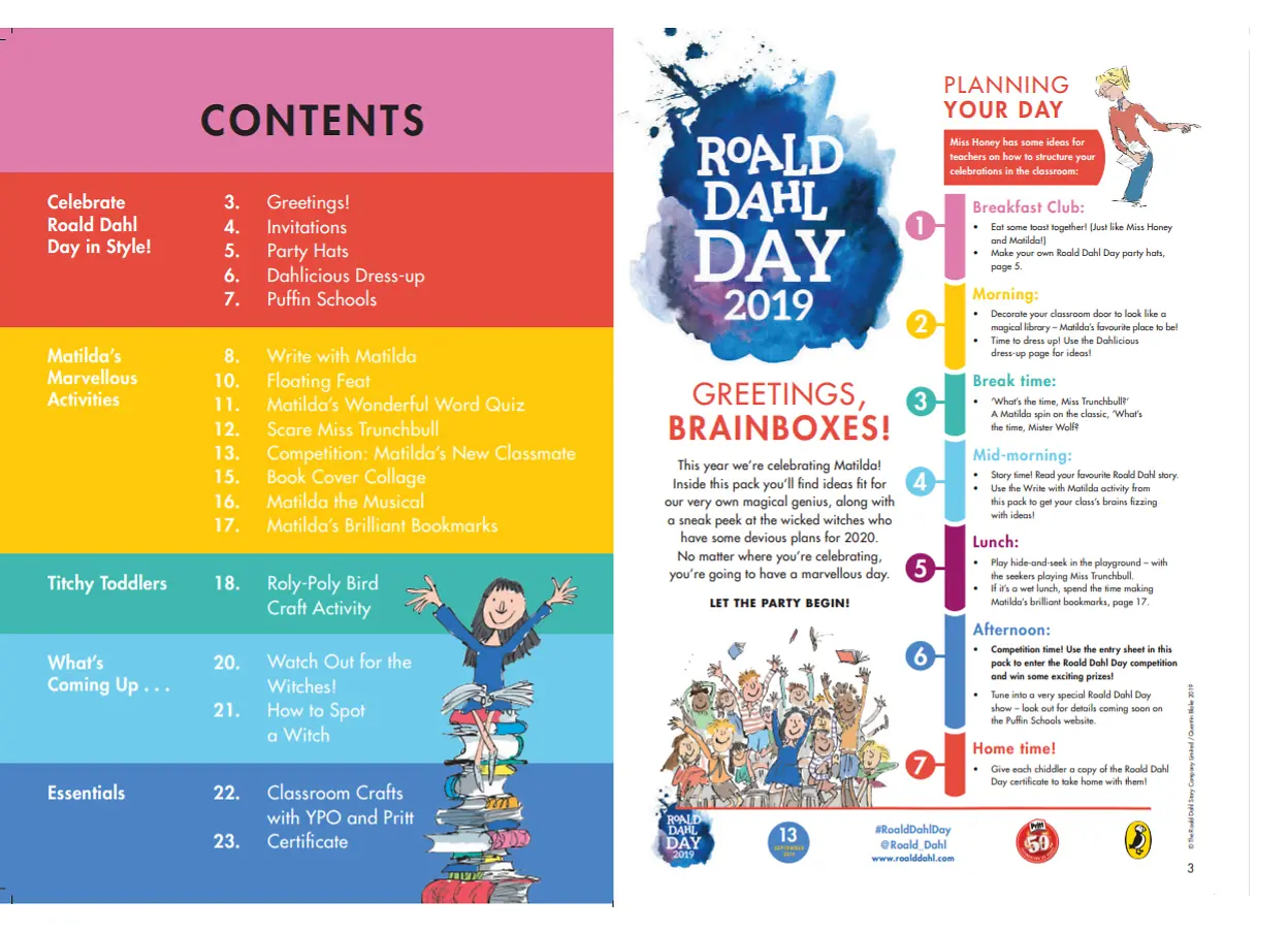Roald Dahl Day 2019 Party Pack table of contents and day plan